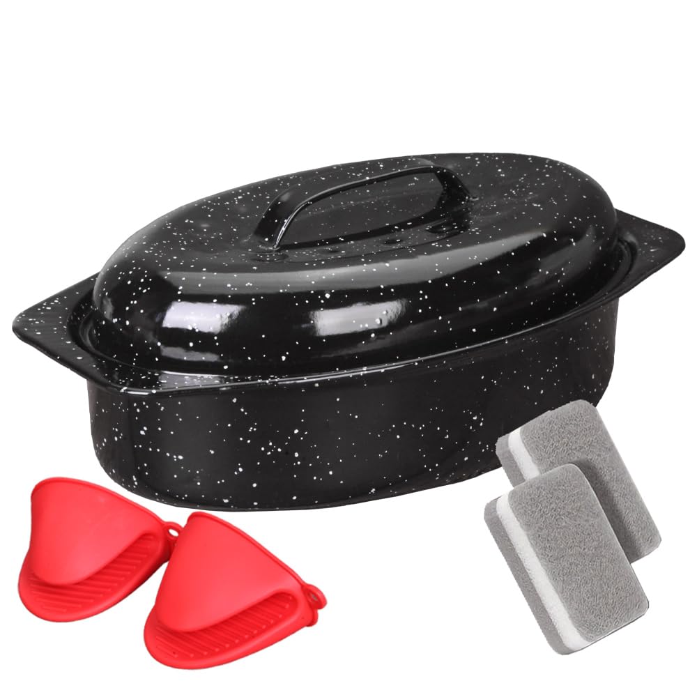 bajindan 13 Inch Enamel Roasting Pan with Lid & Rack, Oven & Dishwasher Safe Tur