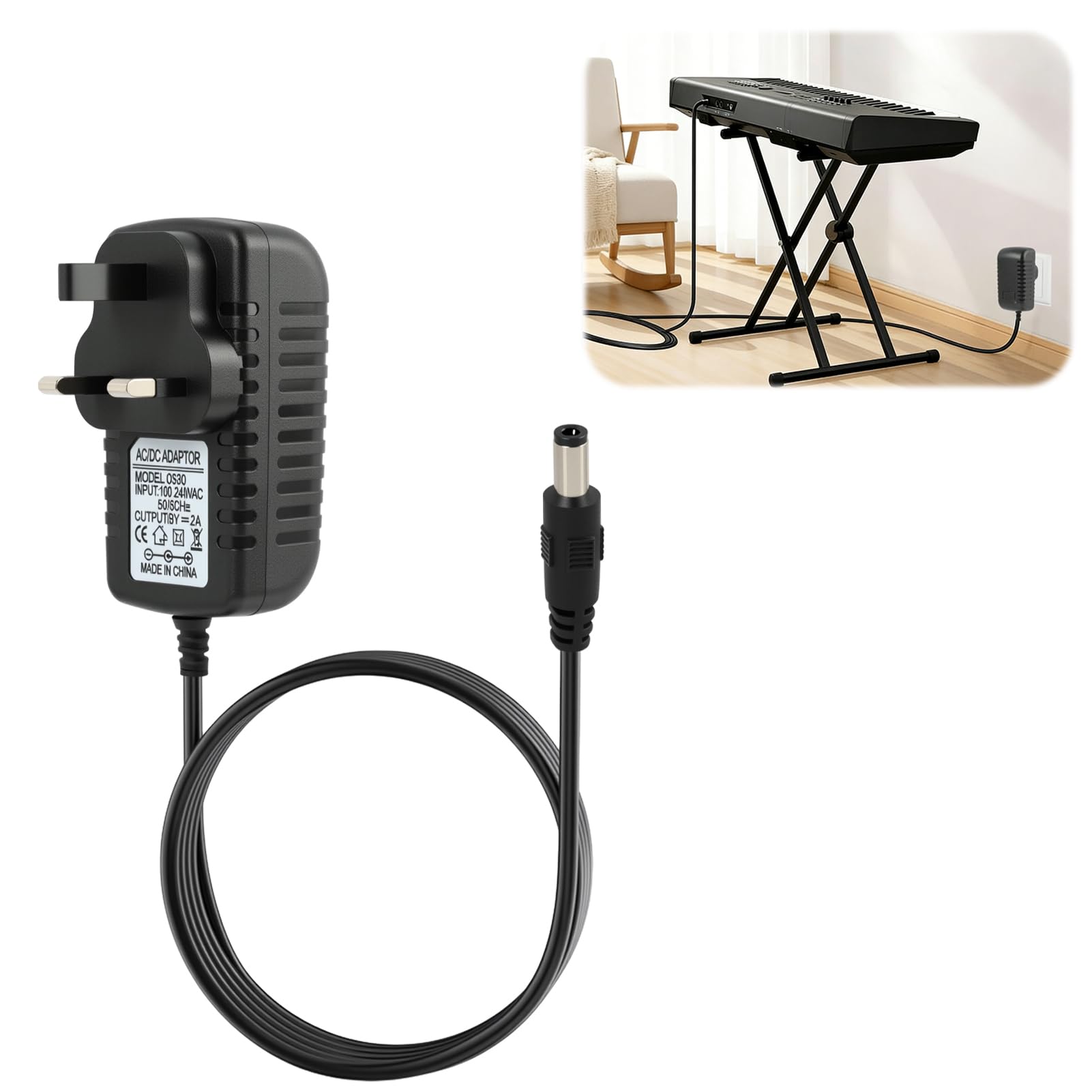 9V DC Power Supply, Keyboard Power Supply with 5.5mm x 2.5mm Centre Positive Con