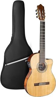WishMade Thin Body Acoustic Electric Classical Nylon String Guitar | Spruce top, Sapele back and sides, thin body with 2-band EQ and tuner for amplified flamenco, includes padded gig bag