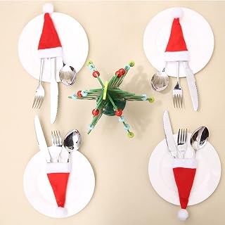 32 Pieces Christmas Mini Santa Hats Silverware Holders, Wine Bottles Cover, Handmade Xmas Party Dinner Table Dinnerware Decorations Supplies Flatware Decor