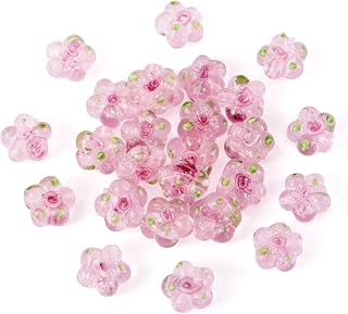 About 28pcs Pink Glass Lampwork Flower Beads 5 Petal Plum Beads Loose Beads with Spacer 13.5-14mm for Jewelry Making Bracelet Necklace Earring DIY Crafts