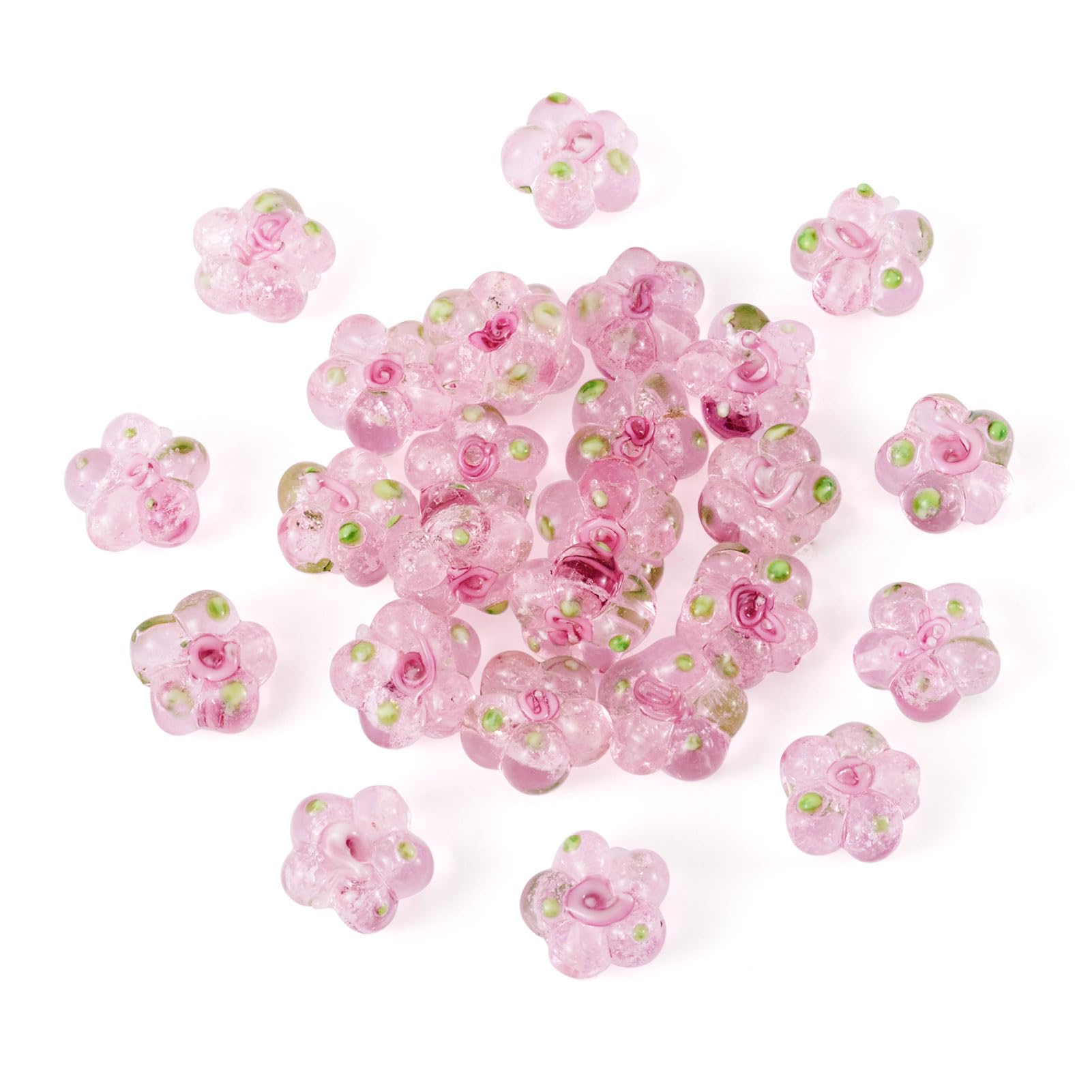 About 28pcs Pink Glass Lampwork Flower Beads 5 Petal Plum Beads Loose Beads with