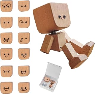 Shaking Wooden Man Figurine for Car Dashboard, Shaking Feet Wooden Doll with 12PCS Magnetic Expressions, Handmade Creative Wood Desktop Decor
