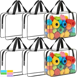 6 Packs Extra Large Toy Storage Bags with Zipper, Clear Toy Organizer Bag | with Labels for Blocks, Reusable 11.8″×8.6″×3.9″ Travel Waterproof Plastic Organizer Bags for Puzzles