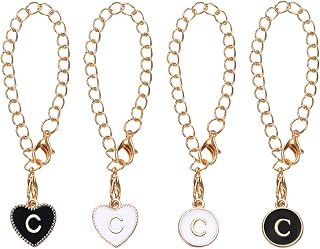 Letter Cup Charm Accessories 2 Round Chains and 2 Heart Shaped Name ID Charms for Water Bottle, Black/White (Letter C)