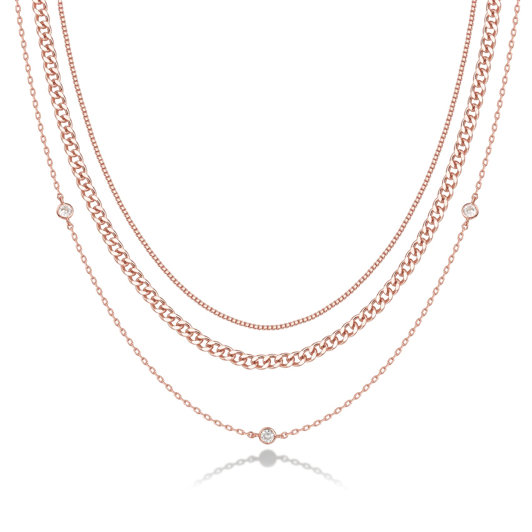 PAVOI Diamond Dainty Layered Chain Necklace, 14K Gold Plated, Rose Gold, R