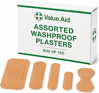 Value Aid Assorted Washproof Plasters - Pack of 100 Individually Wrapped Hypoallergenic, Latex-Free Adhesive - 5 Popular Sizes for First Aid Kit & On-The-Go Medical Supplies