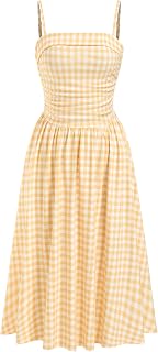 CIDER Women's Summer Gingham Midi Dress Sleeveless Ruched Plaid Dress Spaghetti Strap Dresses Casual Trendy