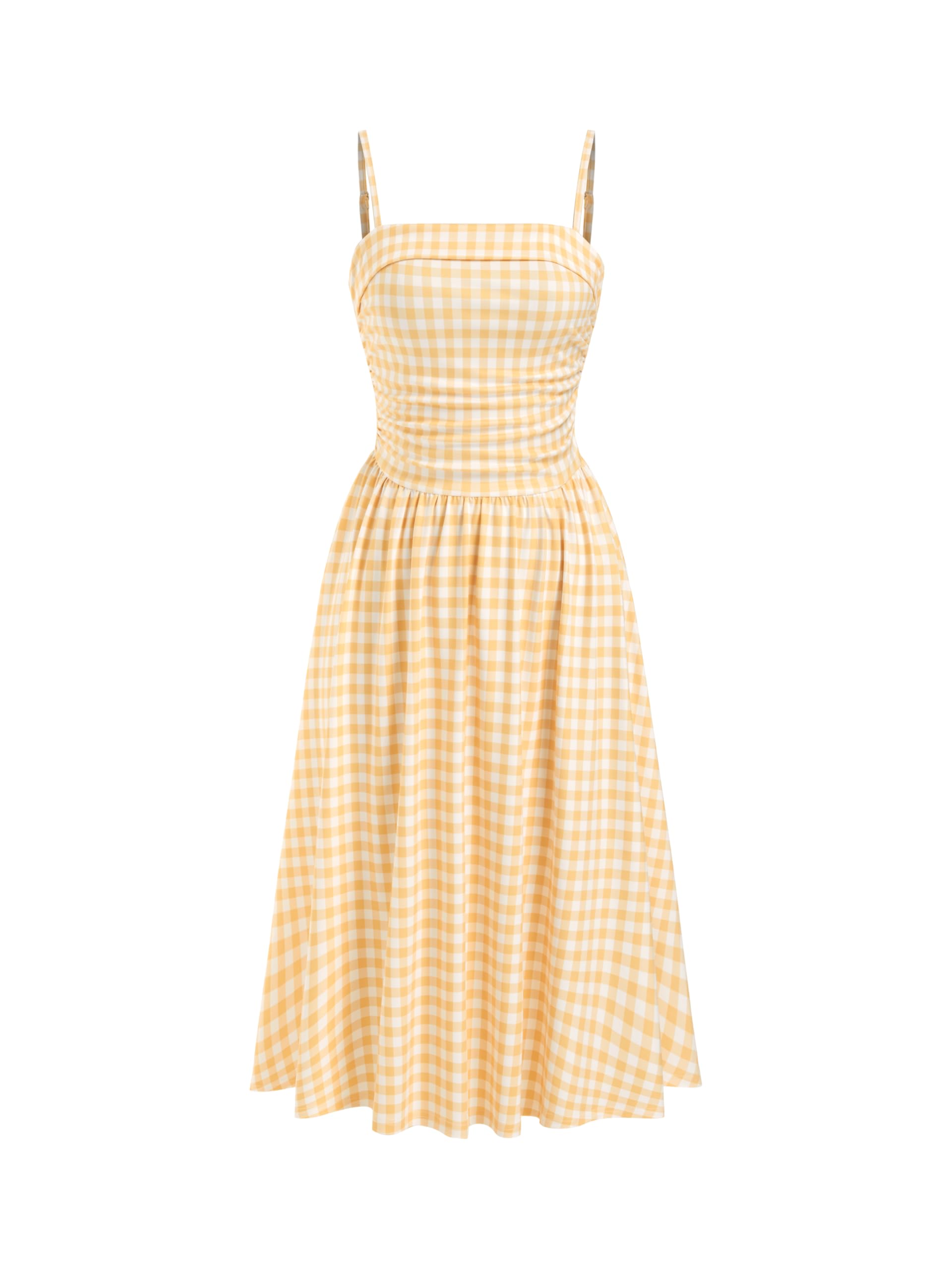 CIDER Women's Summer Gingham Midi Dress Sleeveless Ruched Plaid Dress Spaghetti 