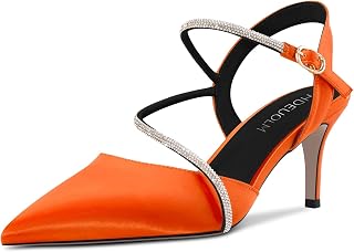 HDEUOLM Women's Stiletto Medium Heel Lace Toe Cap Sandals Slingback Diamond Crystal Party Cute 6.5 cm Heels