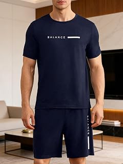 Mens Printed Home Set Short Sleeve T Shirt and Shorts Comfortable Mens Pajama Set Casual Home Set