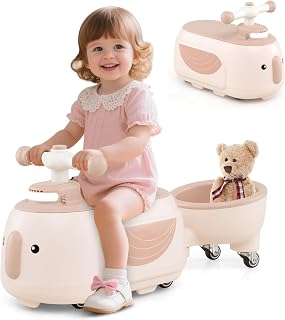 GYMAX Toddler Ride on Car, Kids Sit on Toy with Trailer, Under Seat Storage, Lights & Music, Outdoor Indoor Foot to Floor Sliding Car for 12+ Months Old (Beige + Pink)