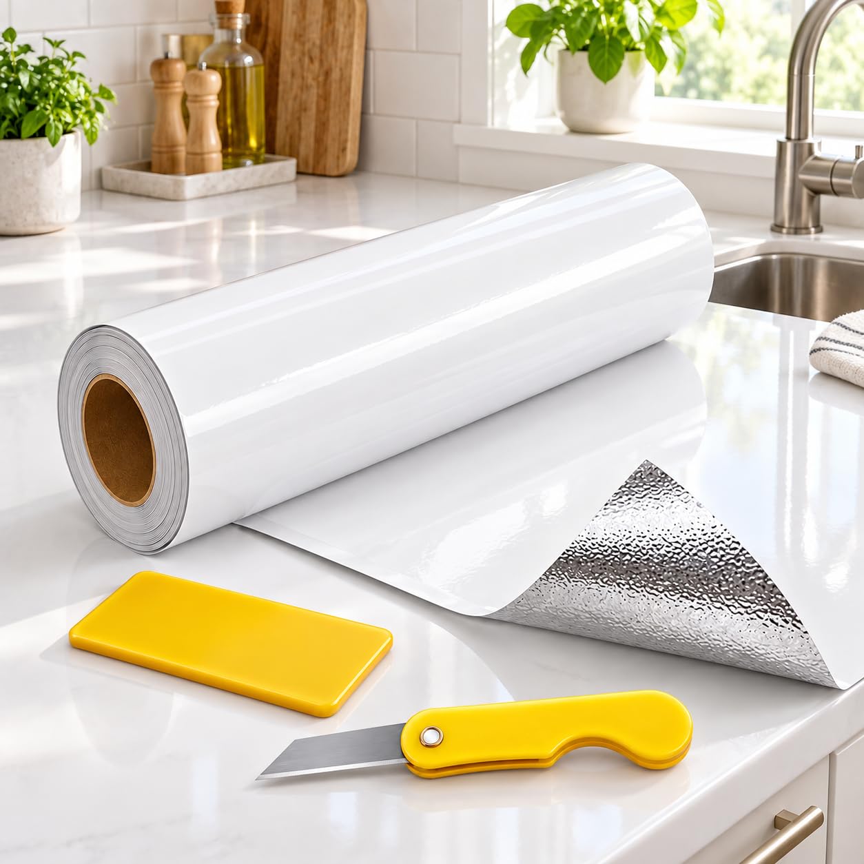 Self Adhesive Marble Window Sill Sticker (1 Roll)-White/Gray Pattern, Easy to Us