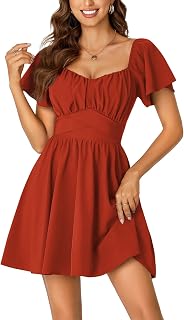 Rooscier Womens Ruffle Back Square Neck Ruffle Short Sleeve Flared Mini Dress