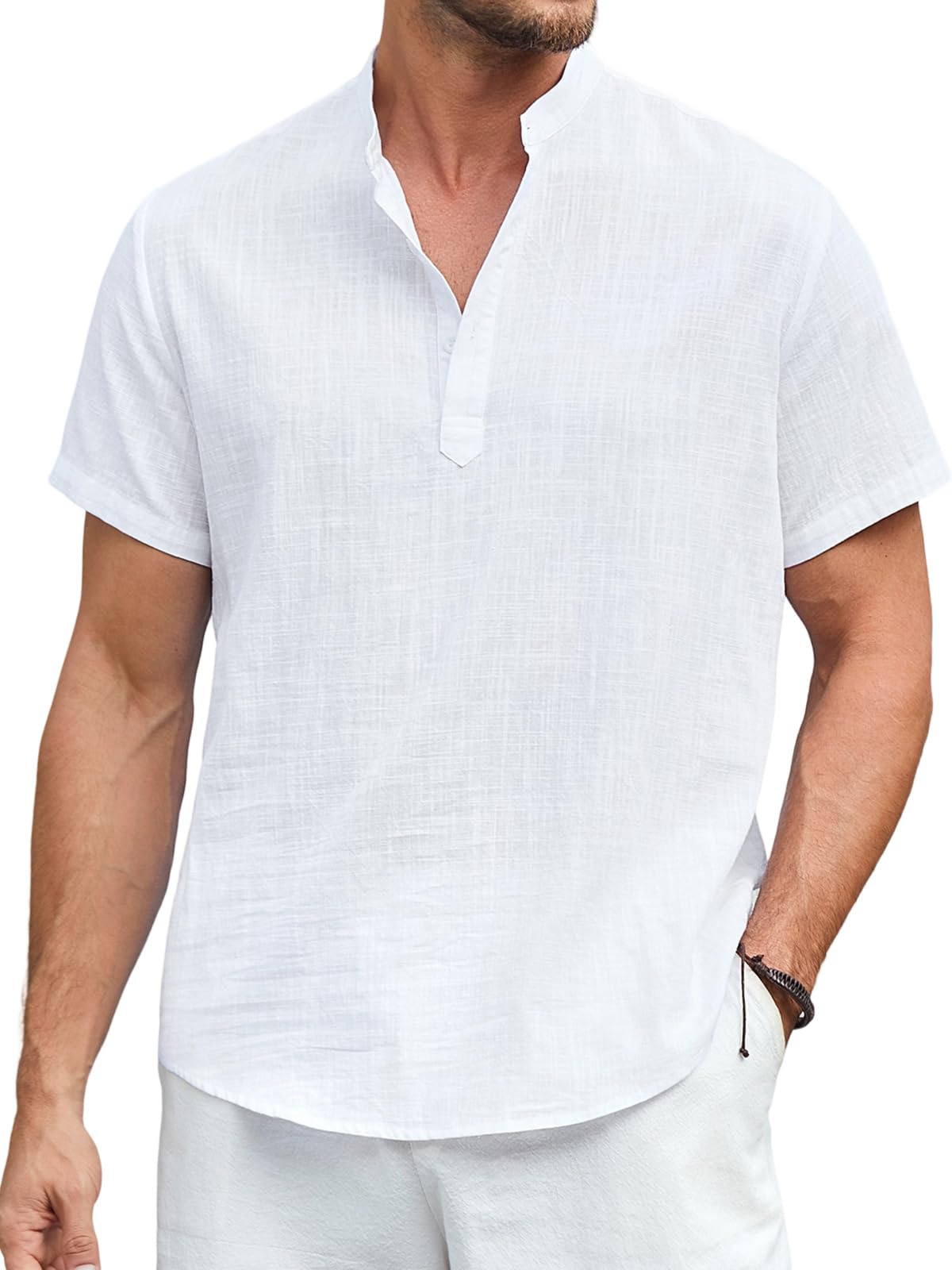 Enlision Men's Linen Short Sleeve Mao Collar Shirt Summer Men Lightweight Cotton