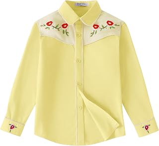 Girls Western Cowgirl Shirt Long Sleeve Retro Floral Embroidered Collared Button Down Blouse Tops for Country Outfit