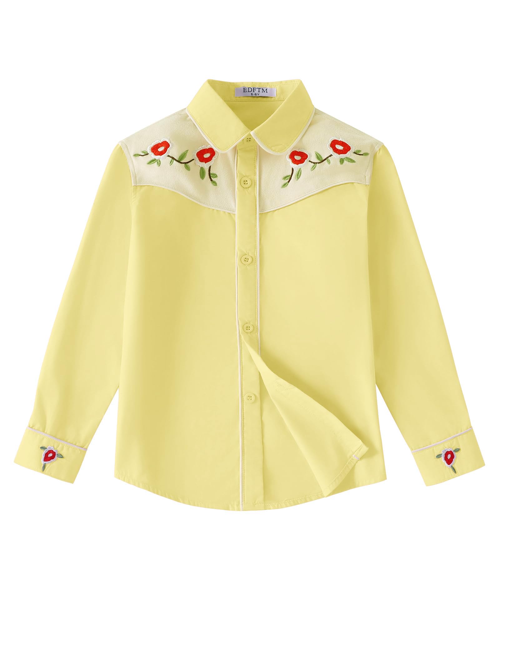 Girls Western Cowgirl Shirt Long Sleeve Retro Floral Embroidered Collared Button
