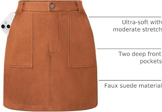 Kate Kasin Mini jupe crayon en daim synthétique taille haute avec poches pour femme - Tenue d'automne 2025, marron, Taille M