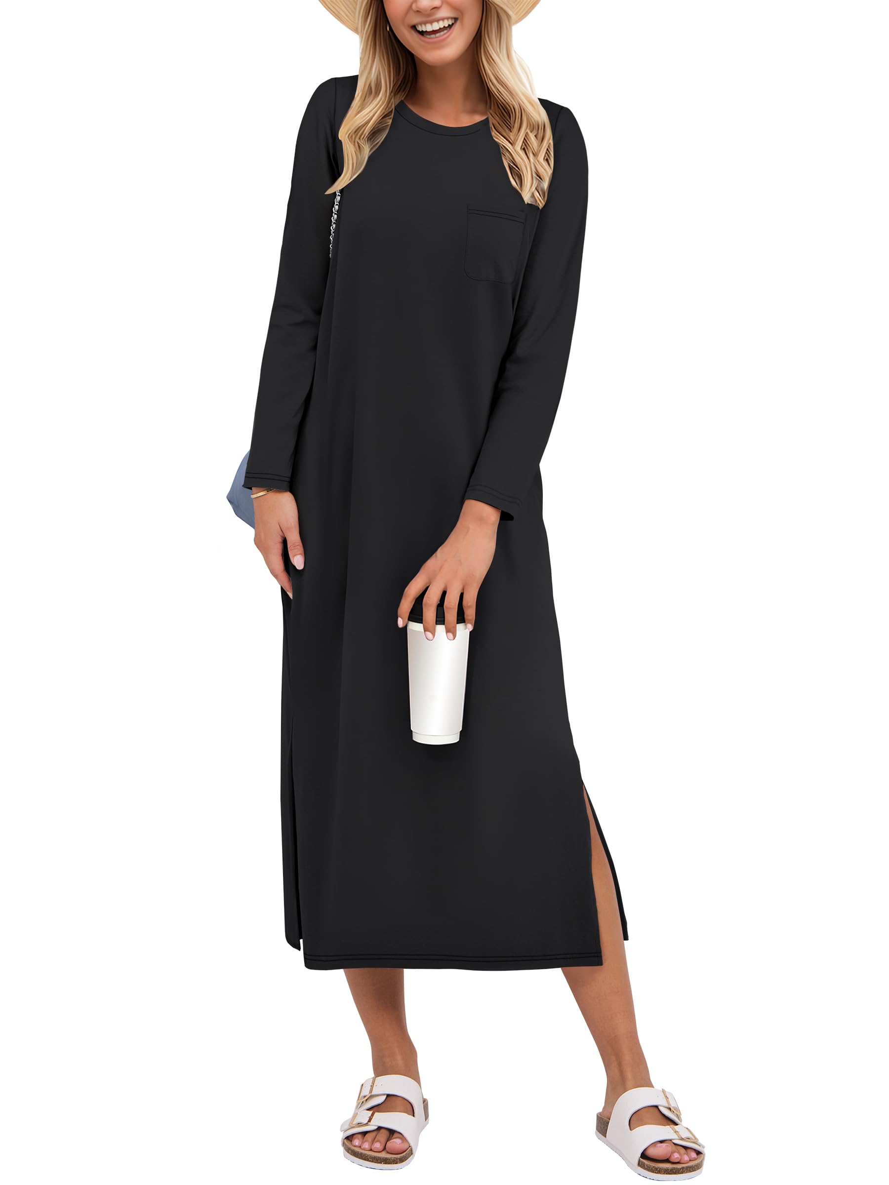 ANRABESS Abito midi da donna a maniche lunghe a 3/4 a righe con spacco, con tasc
