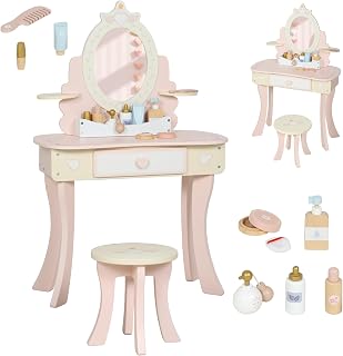 Qaba Kids Vanity Set, Girls Vanity Set with Mirror and Stool, Drawers, Pink | 7 Pcs Make-up Accessories, Desktop Storage, 2 in 1 Toddler Dressing Table and Chairs, Pretend Play