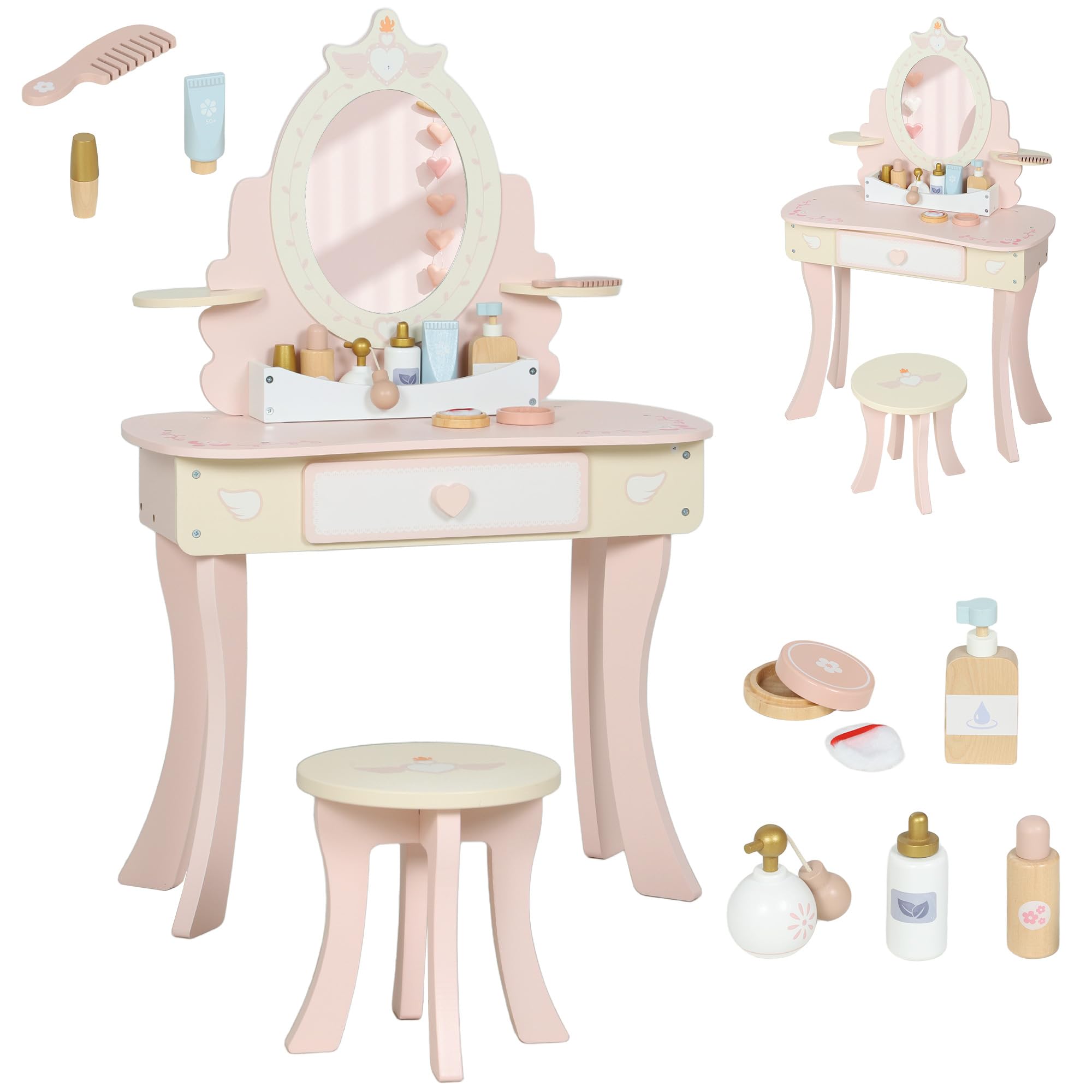 Qaba Kids Vanity Set, Girls Vanity Set with Mirror and Stool, Drawers, Pink | 7 