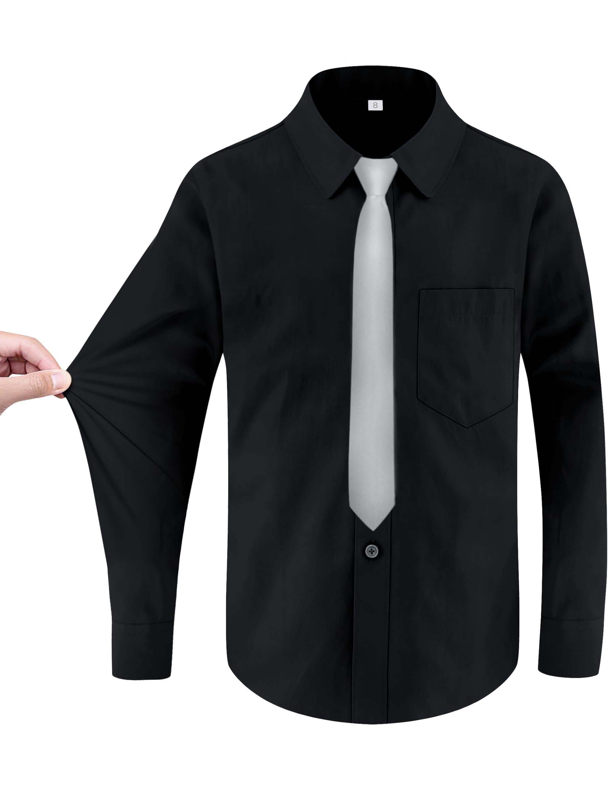 Boys Long Sleeve Button-Down Dress Shirts with Tie: 2 Fabrics (Stretch/Standard)