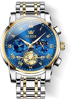 OLEVS Mens Two Tone Stainless Steel Quartz Chronograph Diamond Moon Phase Gold Dial Blue Black Waterproof Luminous Wrist Watch