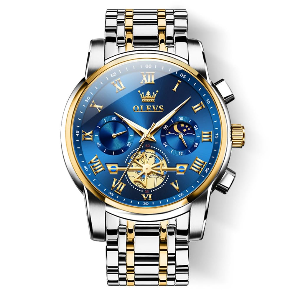 OLEVS Mens Two Tone Stainless Steel Quartz Chronograph Diamond Moon Phase Gold D