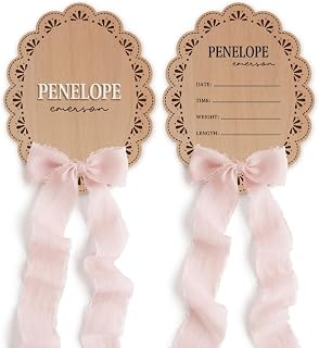 Chikky Personalized Wooden Baby Announcement Sign with Chiffon Bow - Custom Birth Stats Name Plate for Newborn Hospital Photo Prop - Nursery Wall Decor & Keepsake - 5, 6, 8, 10 Inch (05 - scalloped lace)