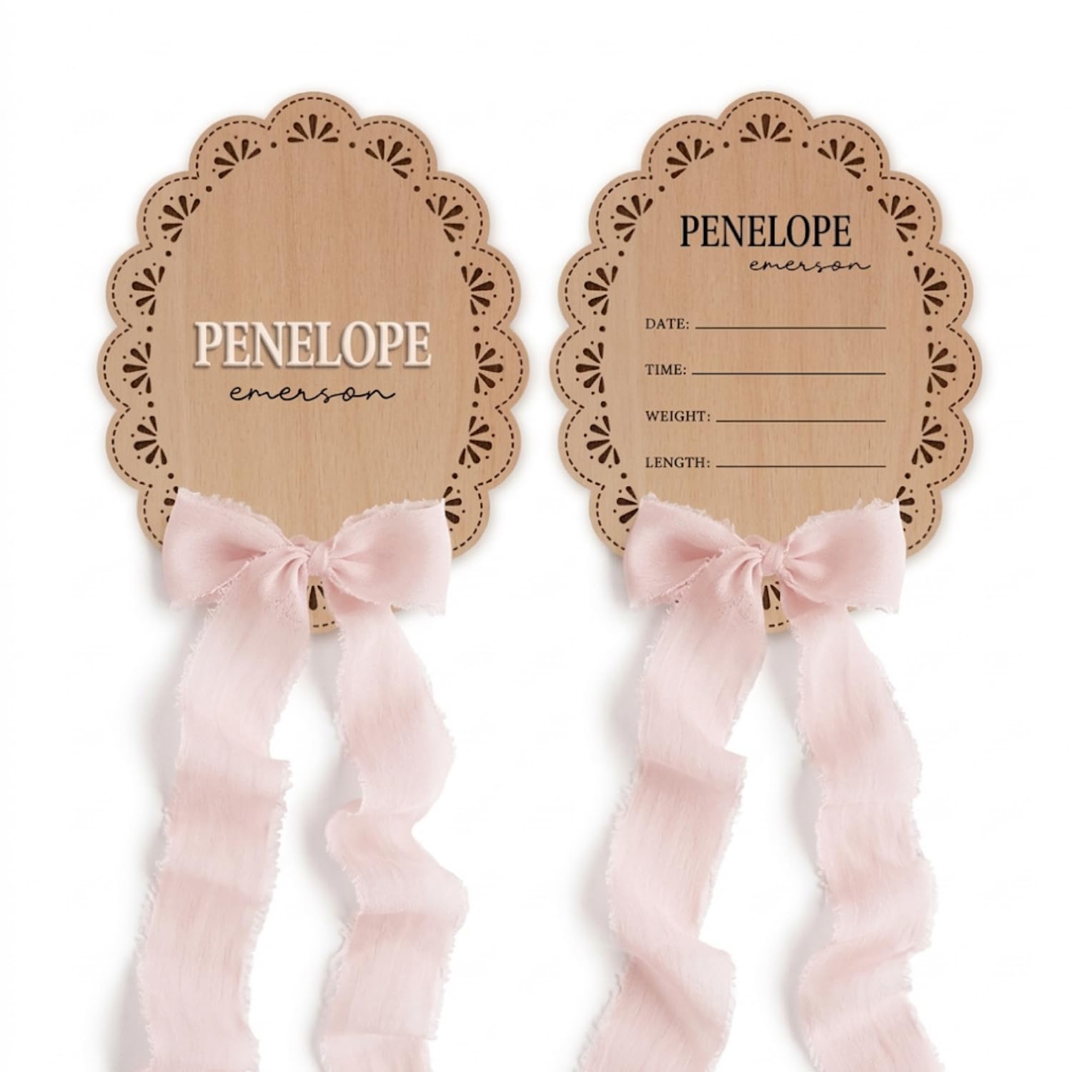 Chikky Personalized Wooden Baby Announcement Sign with Chiffon Bow - Custom Birt