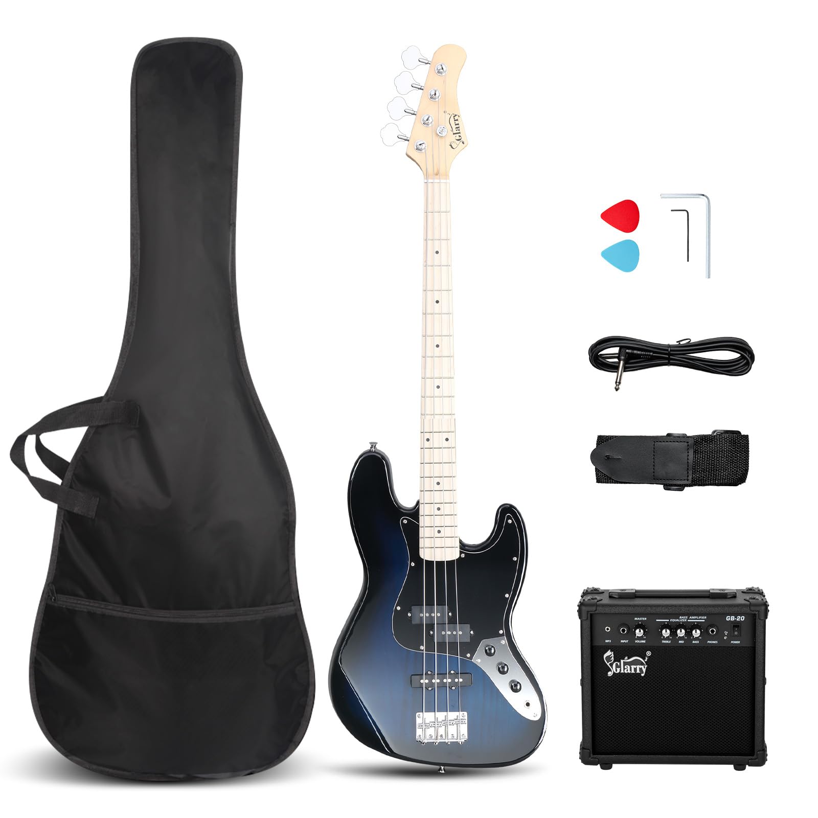 GLARRY Bass Guitar Full Size 4 String Exquisite Stylish Bass with Guitar Bag Pow