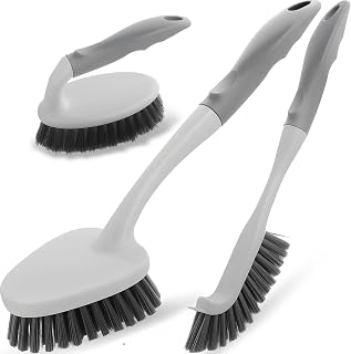 3 Pack Heavy Duty Scrub Brush Set for Household Use, Long Scrub Brush, Handheld Scrub Brush, and Crevice Brush with a Scraper Head for Cleaning Bathroom, Tile, Grout, Tub, Floor, Sink