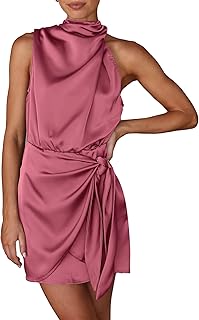 PRETTYGARDEN Ladies Short Dress Formal Satin 2023 Summer Sleeveless Neck Tie Waist Cocktail Party Dresses
