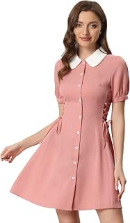 Allegra K Women's Vintage Peter Pan Collar Lace Up Waist A Line Dress