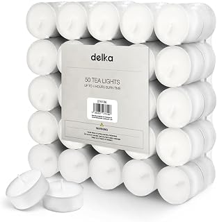 delka Unscented Tea Lights White-Long-Lasting 4 Hour Burn Time-Smoke-Free Bright Flame-Ideal for Weddings, Events, Aromatherapy, Home Décor, and Emergency Use-Premium Quality (White, 50 Pack)