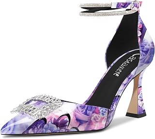 Castamere Women's High Chunky Wide Heel Ankle Strap Diamond Crystal Pointed Toe Pumps 8.5 CM Heels