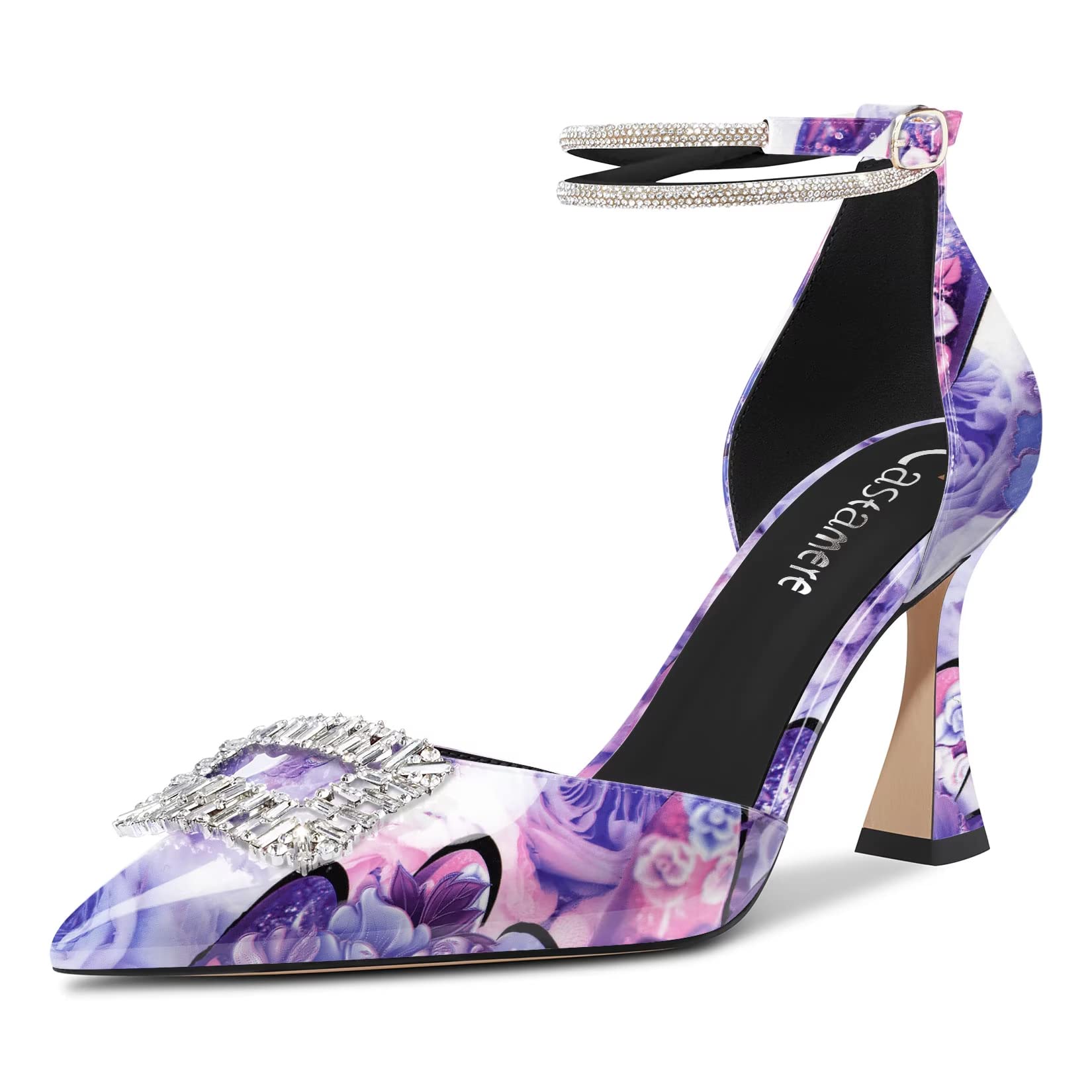 Castamere Women's High Chunky Wide Heel Ankle Strap Diamond Crystal Pointed Toe 