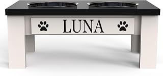 Personalized Dog Bowls Stand for Small Dogs, Wood Elevated Feeding Station | Farmhouse Style, Stainless Steel Dishwasher Safe Bowls, Raised Anti-Slip Feeder, Made in USA