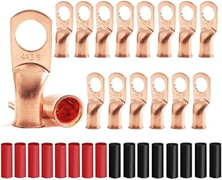 16Pcs 4 AWG 3/8" Stud Copper Ring Terminals Battery Cable Ends Wire Lugs with 16Pcs Heat Shrink Tubing 4 Gauge Heavy Duty Cable Lugs Bare Copper Eyelets Tubular Ring Terminal
