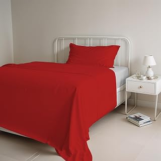 Natural Colour Single Bed Set, 100% Cotton, Made in Italy, Top 150 x 300 cm, Bottom 90 x 200 cm, Pillowcase 50 x 80 cm, Plain Colour, DoubleFace - Red/Light Grey
