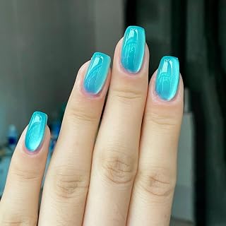 24pcs Cat Eye Press-On Nails Medium Square Fake Nails Mirror Reusable Full Cover Stick Nails for Women DIY Charm Manicure, Lake Blue