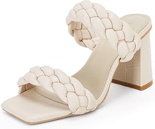 Syktkmx Women's Braided Heels Sandals Block Heel Double Strap Summer Dress Sandals