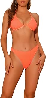 Women Halter Underwire Ribbed Bikini Set, 2 Piece Double Strap Tie Back Triangle Bottom Swimsuit Swimwear