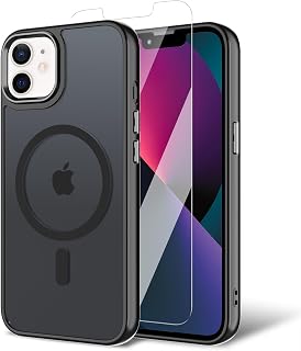 Magnetic Case for iPhone 12, iPhone 12 Pro with Screen Protector, [Compatible with Magsafe] Ultra Slim Translucent Matte Shockproof Protection Phone Cover-Black