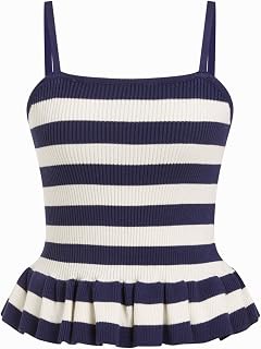CIDER Striped Crop Tank Tops for Women Sleeveless Square Neck Ruffle Knit Peplum Tops Summer Vacation Outfits