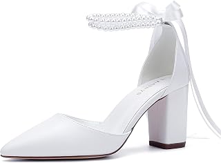 Hyinlays Women's Open Toe Block Heel Pearl Wedding Shoes for Bride Chunky Heeled Sandals Bridal Shoes Pumps