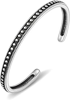 Weviway S925 Sterling Silver Open Cuff Bangle, Vintage Adjustable Black Silver Dots Bracelet, Boho Handmade Jewellery Gift for Women Men