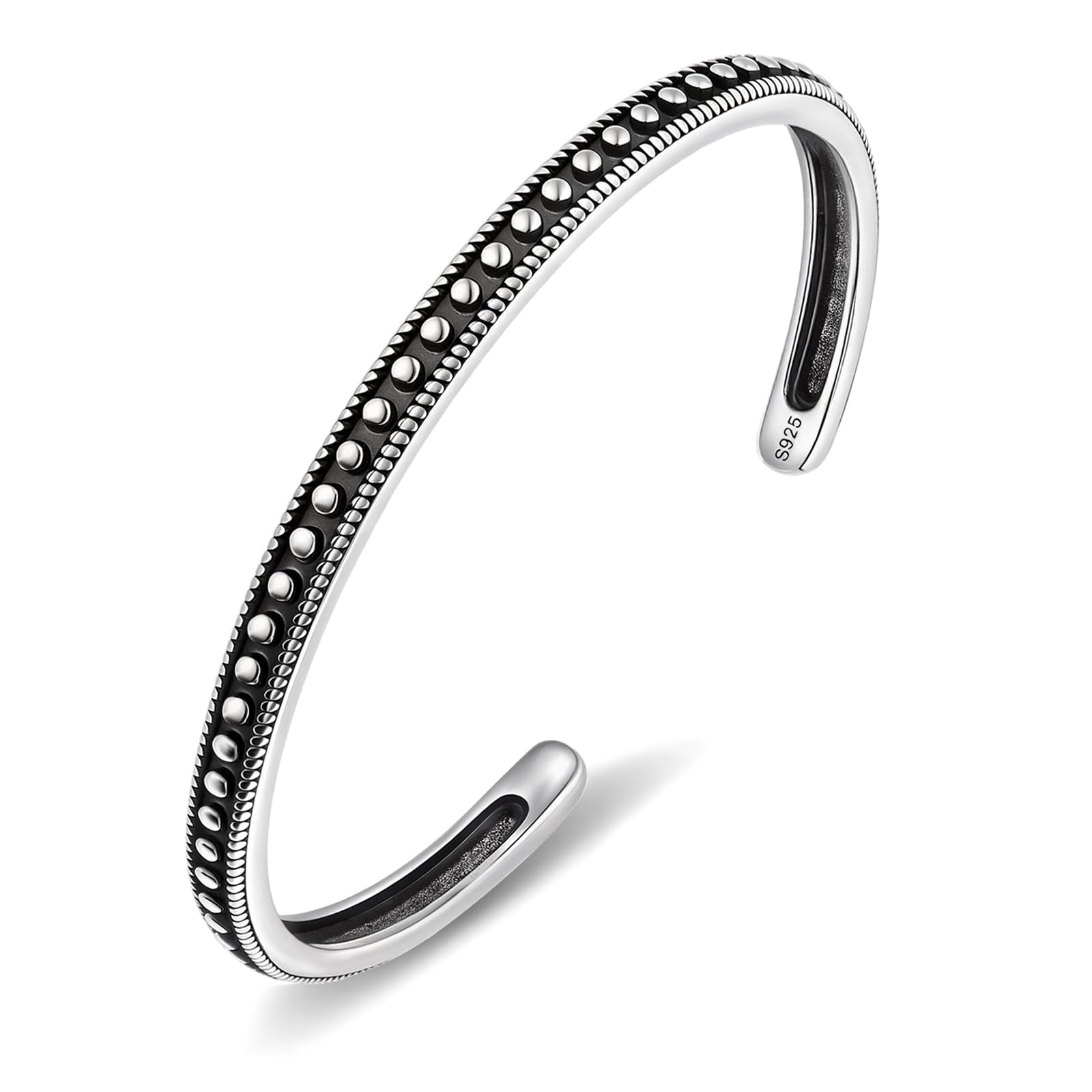 Weviway S925 Sterling Silver Open Cuff Bangle, Vintage Adjustable Black Silver D