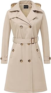 CREATMO US Women's Long Trench Coat Double-Breasted Classic Lapel Overcoat Belted Slim Outerwear Coat with Detachable Hood