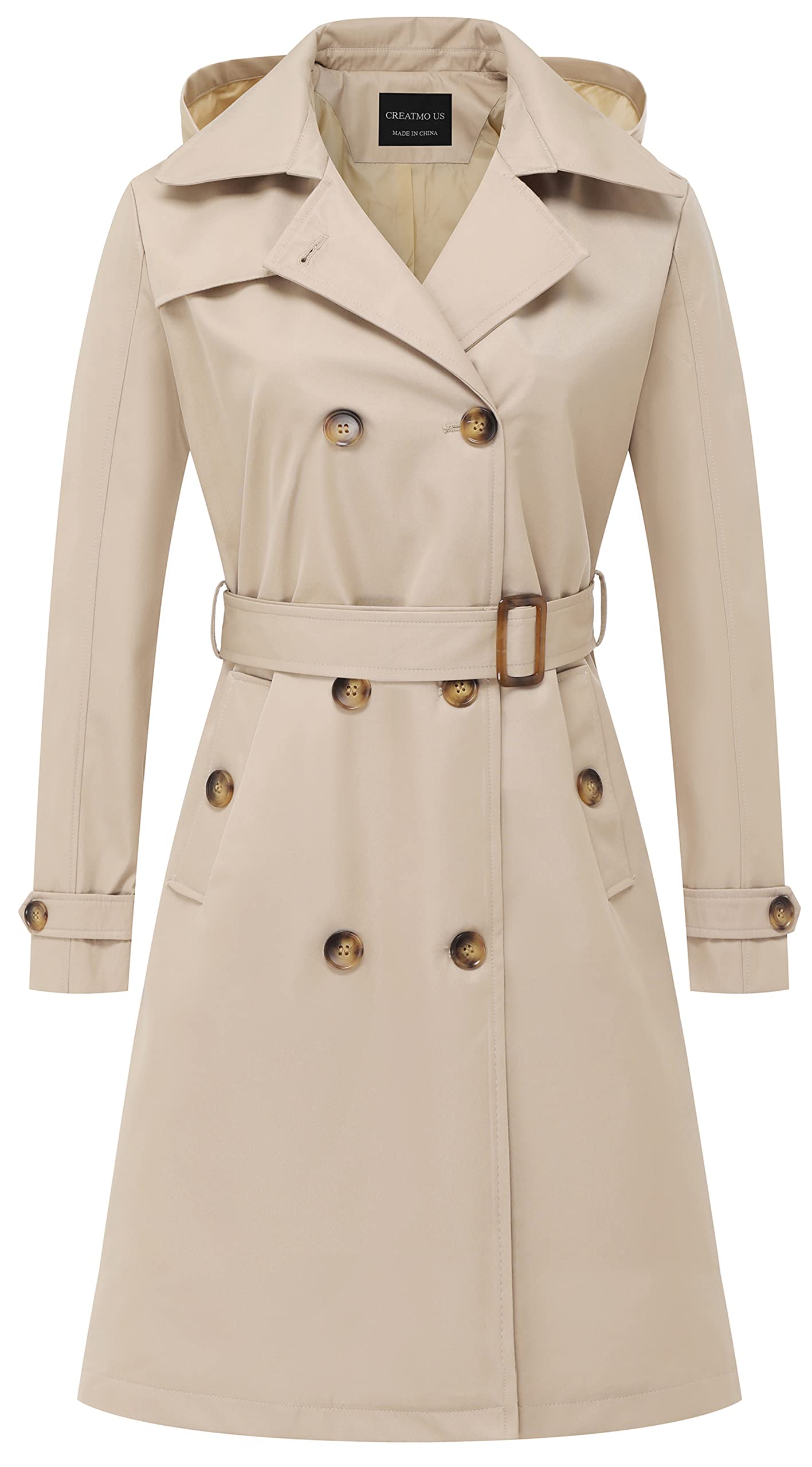 CREATMO US Women's Long Trench Coat Double-Breasted Classic Lapel Overcoat Belte